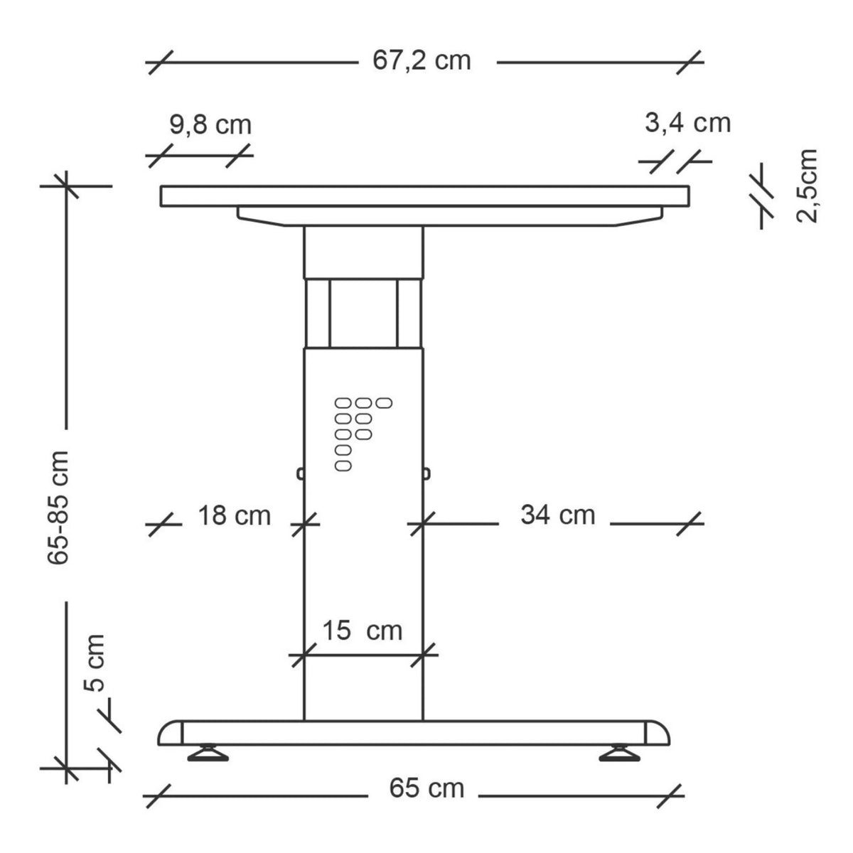 Dessin coté du bureau réglable en hauteur MEGA 612 W d'une largeur de 67,2 cm de hjh OFFICE PRO