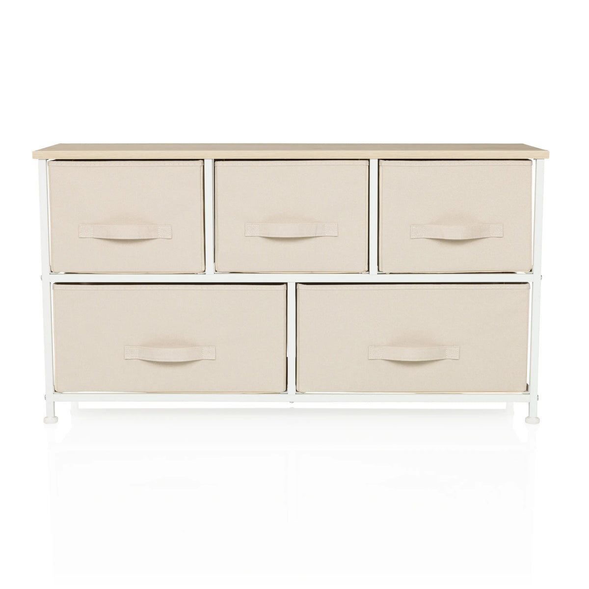 Commode beige FOLDAR avec cinq tiroirs en tissu et structure blanche de hjh LIVING – vue à 360° (vue de face 0°)