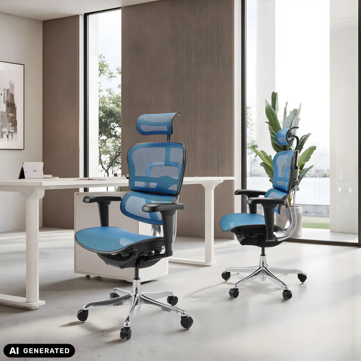 Deux sièges de direction de luxe ERGOHUMAN ULTRA GEN2 bleus avec revêtement en maille dans un bureau de hjh OFFICE (image générée par IA)