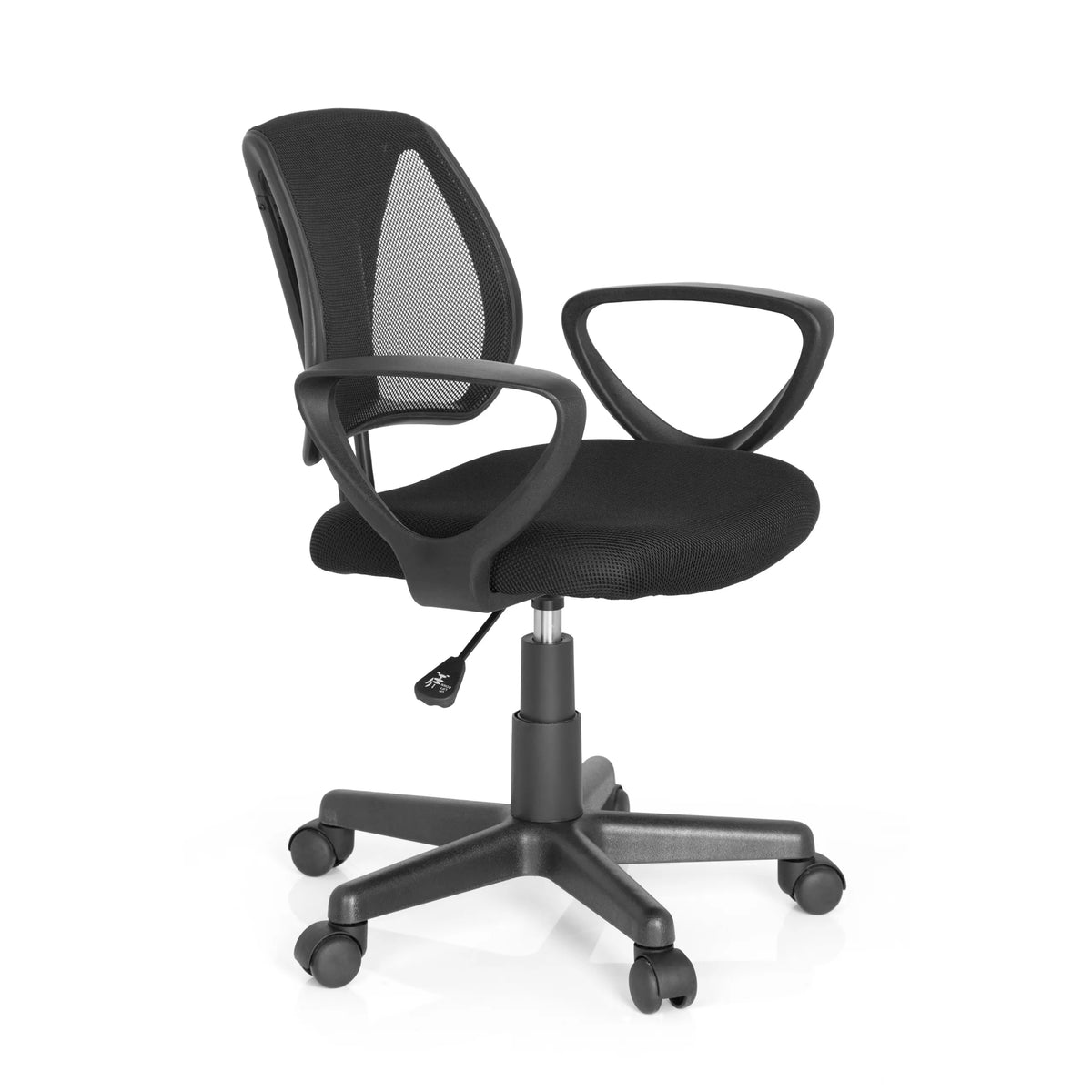Chaise pivotante pour des enfants KIDDY CD noire avec dossier en maille et base à cinq roulettes de hjh OFFICE – vue à 360° (vue de trois quarts avant 60°)