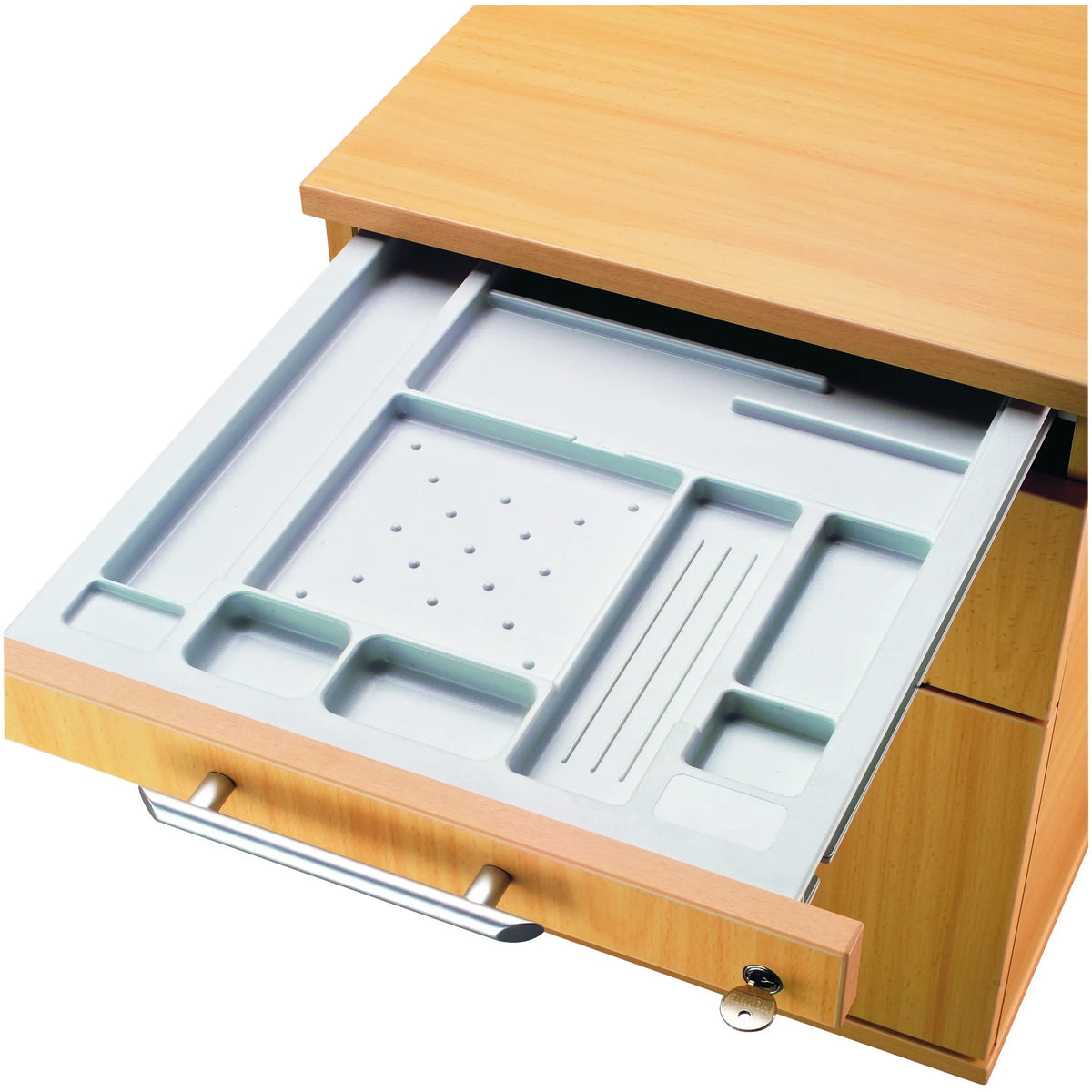 Tiroir ouvert avec organisateur gris du caisson bureau sur roulettes SIGNA AC20 en chêne rustique de hjh OFFICE PRO