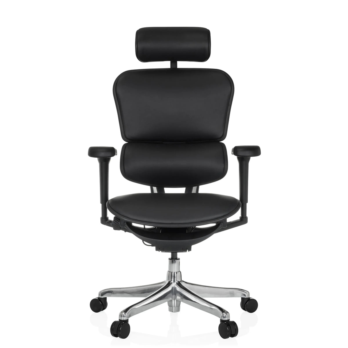 Siège de direction de luxe ERGOHUMAN ULTRA L GEN2 noir en cuir avec appuie-tête et base à cinq roulettes de hjh OFFICE – vue à 360° (vue de face 0°)