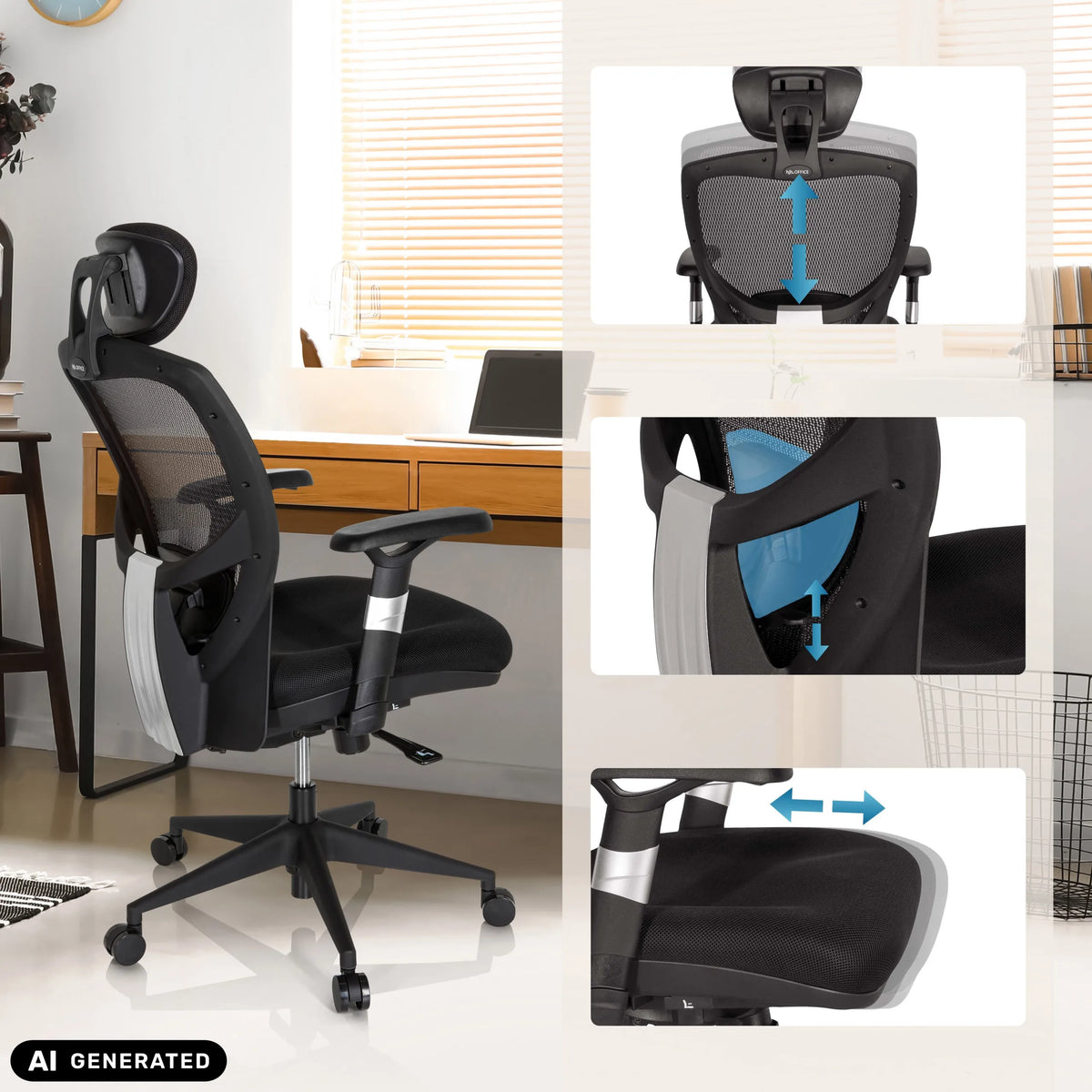 Appuie-tête, support lombaire et assise réglables du siège de bureau haut de gamme VENUS BASE de hjh OFFICE (image générée par IA)