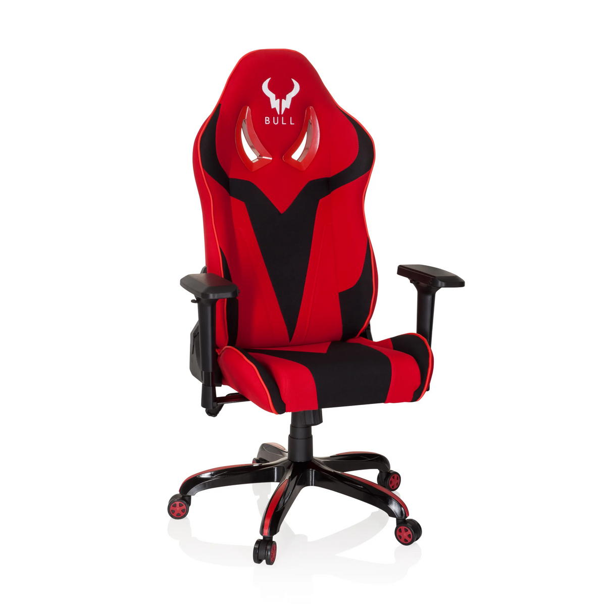 Fauteuil Gamer PROMOTER II rouge et noir avec accoudoirs et base à cinq roulettes de hjh OFFICE – vue à 360° (vue de face 20°)