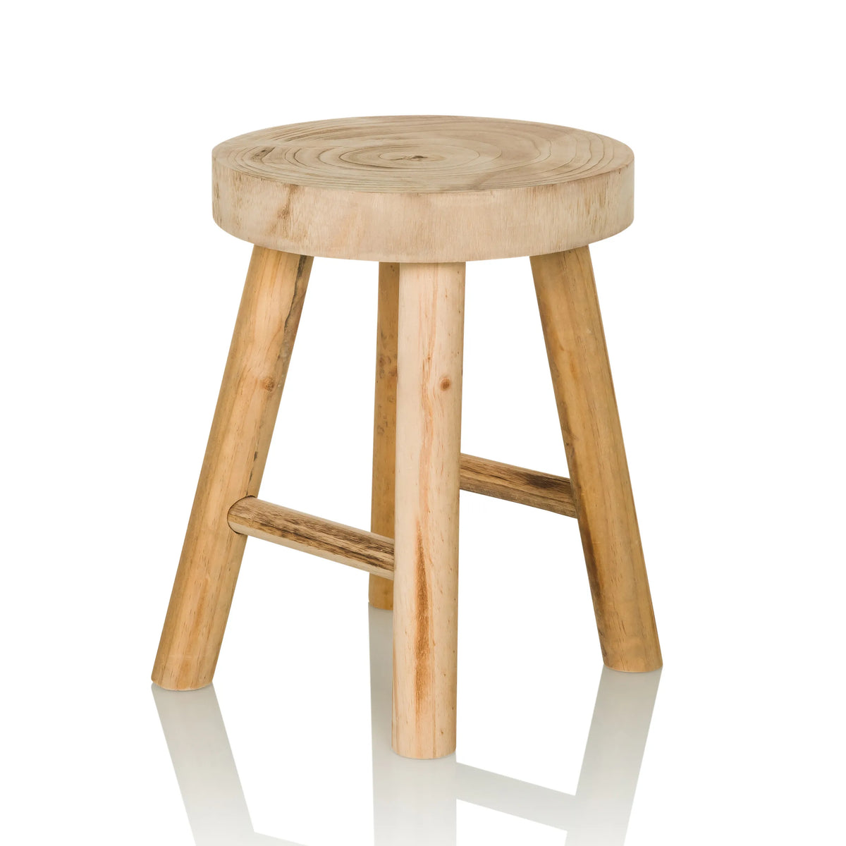 Tabouret RUSTIKO W marron en bois avec assise ronde et traverses de hjh LIVING – vue à 360° (vue de trois quarts avant 45°)