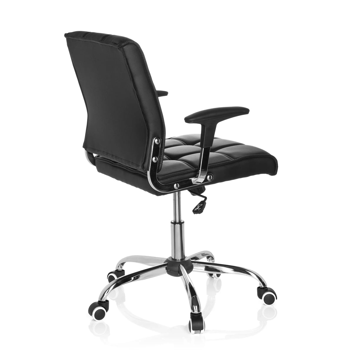 Siège de bureau à domicile ERNESTO noir avec rembourrage capitonné et base à cinq roulettes de hjh OFFICE – vue à 360° (vue de trois quarts arrière 120°)