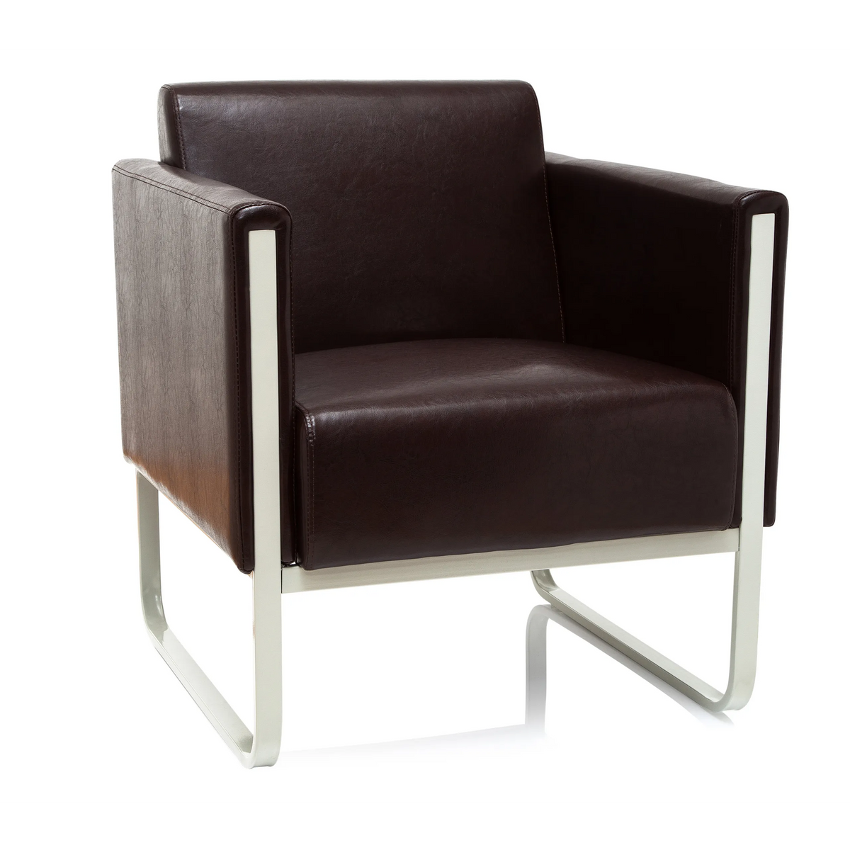 Fauteuil rembourré marron ARUBA avec cadre en métal blanc de hjh OFFICE – vue à 360° (vue de face 20°)