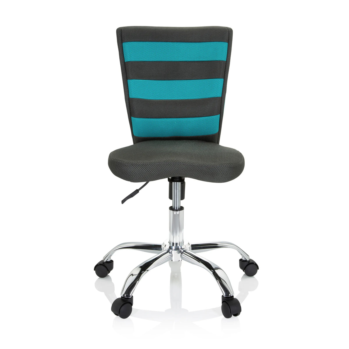 Chaise pivotante pour enfants KIDDY COMFORT I grise avec des rayures turquoise dans le dossier en maille et un piètement à cinq roulettes de hjh OFFICE – vue à 360° (vue de face 0°)