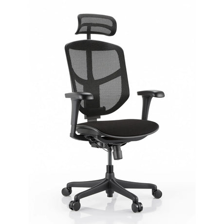 Chaise de bureau noire Enjoy Eco FB avec dossier en maille, appui-tête et accoudoirs réglables de hjh OFFICE