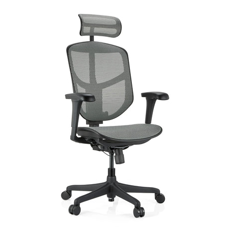 Siège de bureau de qualité professionnelle Enjoy Eco MB en gris avec revêtement en maille, appui-tête et accoudoirs noirs de hjh OFFICE