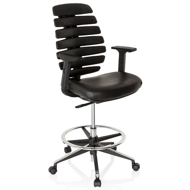 Chaise de comptoir ERGO LINE II WORK noire avec revêtement en similicuir, repose-pieds et roulettes de hjh OFFICE