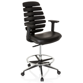 Chaise de comptoir ERGO LINE II WORK noire avec revêtement en cuir, repose-pieds et roulettes de hjh OFFICE