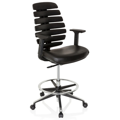 Chaise de comptoir ERGO LINE II WORK noire avec revêtement en cuir, repose-pieds et roulettes de hjh OFFICE