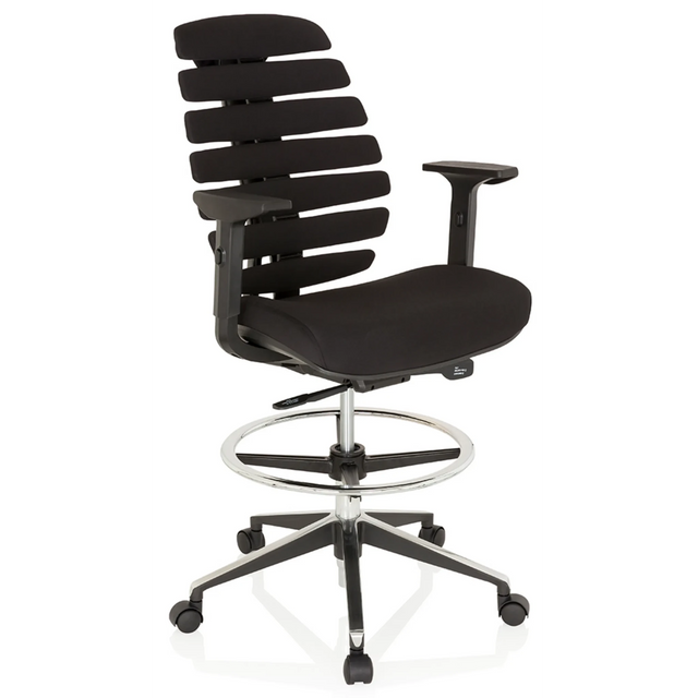Chaise de comptoir ERGO LINE II WORK noire avec revêtement en tissu, repose-pieds et roulettes de hjh OFFICE