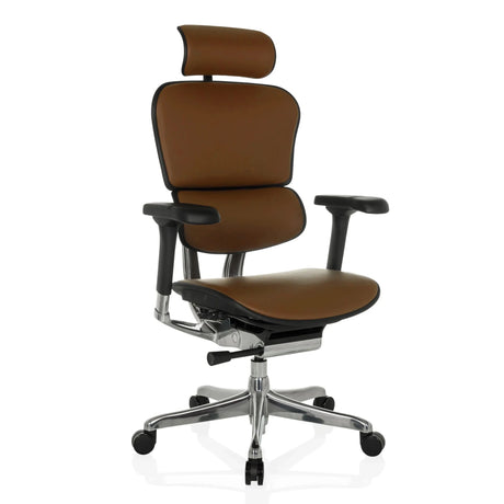 Siège de direction de luxe ERGOHUMAN GEN2 en cuir marron foncé avec appui-tête et piètement poli de hjh OFFICE
