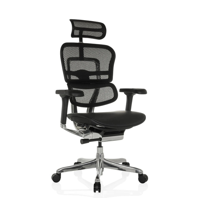 Siège de direction de luxe ERGOHUMAN GEN2 avec dossier en maille noire, assise en cuir et pied chromé de hjh OFFICE