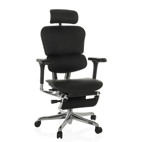 Siège de direction de luxe ERGOHUMAN PLUS LEGPRO GEN2 en cuir noir avec appuie-tête et repose-pieds de hjh OFFICE