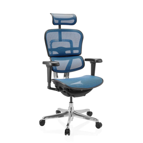 Siège de direction de luxe ERGOHUMAN ULTRA GEN2 avec revêtement en maille bleue, appuie-tête et pied en étoile argenté de hjh OFFICE