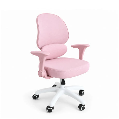 Chaise pivotante pour enfants Ergomy Kid en rose avec pied en étoile blanc et support lombaire intégré de hjh OFFICE