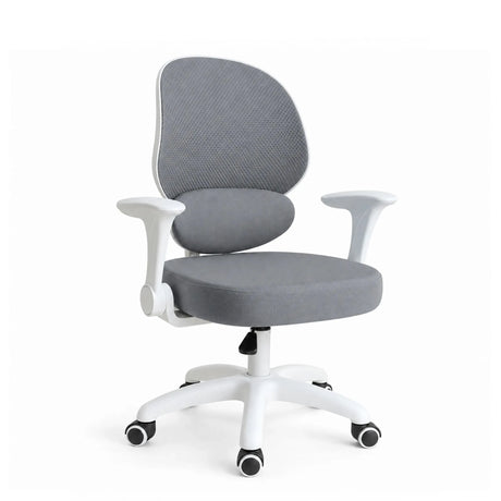 Chaise pivotante pour enfants Ergomy Kid en gris avec structure blanche, accoudoirs et cinq roulettes de hjh OFFICE