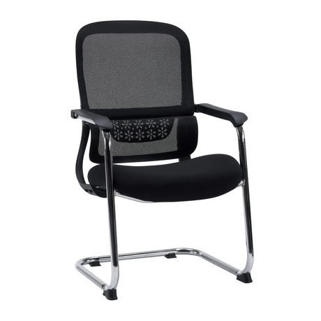 Chaises cantilever Ergomy Meet noires avec dossier en maille et piétement luge chromé de hjh OFFICE