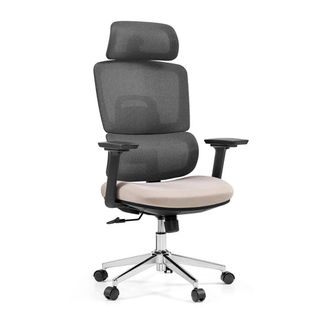 Siège de bureau de qualité professionnelle Ergomy Pro avec dossier en maille gris foncé, assise en tissu beige et appuie-tête de hjh OFFICE