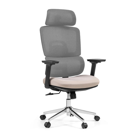Siège de bureau de qualité professionnelle Ergomy Pro avec revêtement en maille gris, assise beige et piètement argenté de hjh OFFICE