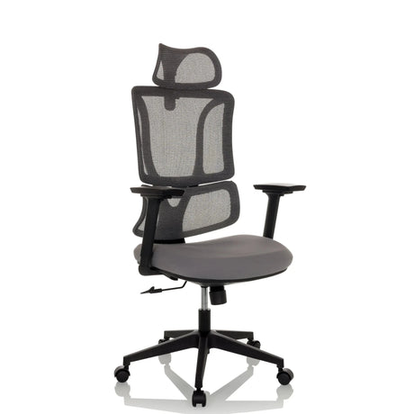 Siège de bureau à domicile ERGOMY avec revêtement en maille gris, cadre noir et appui-tête de MyBuero