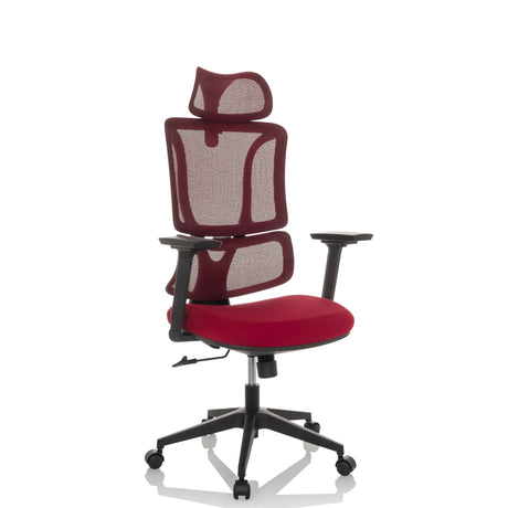 Siège de bureau à domicile ERGOMY avec assise en tissu rouge et dossier en maille de MyBuero