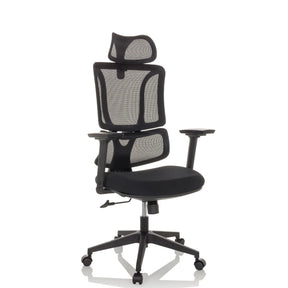 Siège de bureau à domicile ERGOMY noir avec revêtement en maille et appuie-tête de MyBuero