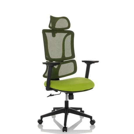 Siège de bureau à domicile ERGOMY avec assise en tissu vert, dossier en maille et cadre noir de MyBuero