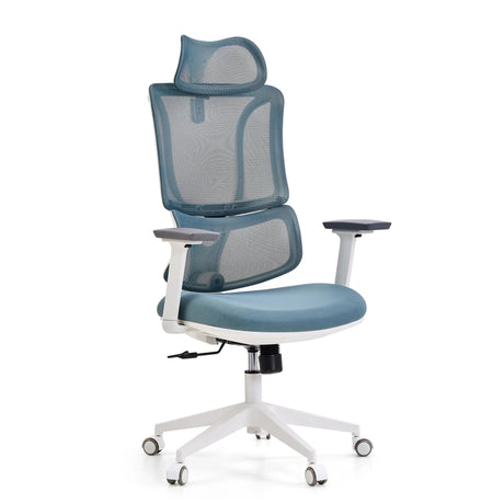 Siège de bureau de qualité professionnelle ERGOMY W avec revêtement en maille bleu, cadre blanc et appui-tête de MyBuero