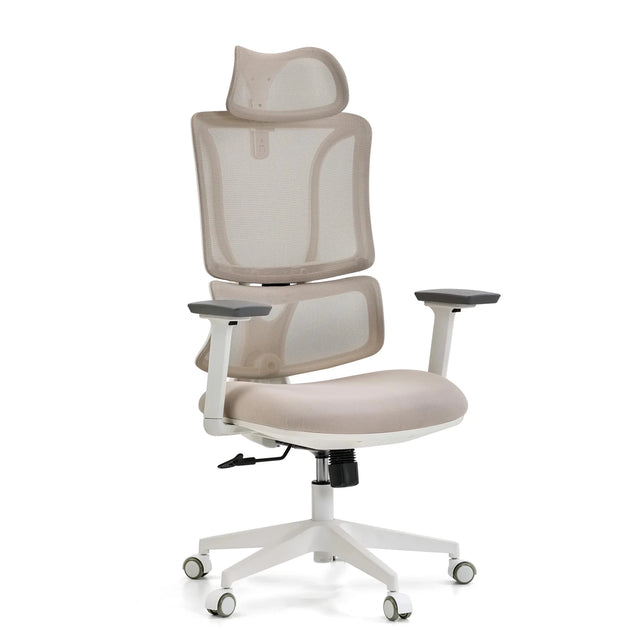 Siège de bureau de qualité professionnelle ERGOMY W en beige avec revêtement en maille beige et cadre blanc de MyBuero