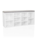 Armoire à chaussures ESTHA 10 blanche avec coussin d'assise gris et plusieurs niches ouvertes de hjh LIVING