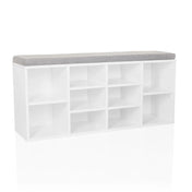 Armoire à chaussures ESTHA 10 blanche avec coussin d'assise gris et plusieurs niches ouvertes de hjh LIVING