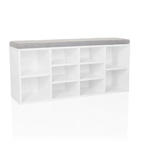 Armoire à chaussures ESTHA 10 blanche avec coussin d'assise gris et plusieurs niches ouvertes de hjh LIVING