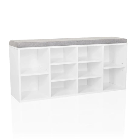 Armoire à chaussures ESTHA 10 blanche avec coussin d'assise gris et plusieurs niches ouvertes de hjh LIVING