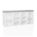 Armoire à chaussures ESTHA 10 blanche avec coussin d'assise gris et plusieurs niches ouvertes de hjh LIVING