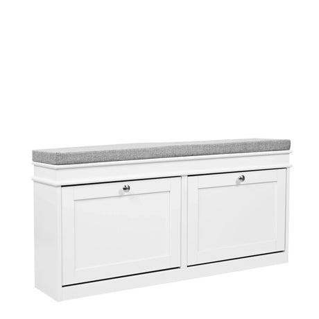 Armoire à chaussures blanche Estha 11 avec assise grise et deux compartiments abattants de hjh LIVING