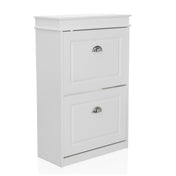 Armoire à chaussures ESTHA 2 blanche avec deux portes abattantes et des poignées coquilles argentées de hjh LIVING