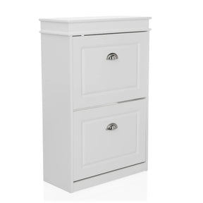 Armoire à chaussures ESTHA 2 blanche avec deux portes abattantes et des poignées coquilles argentées de hjh LIVING