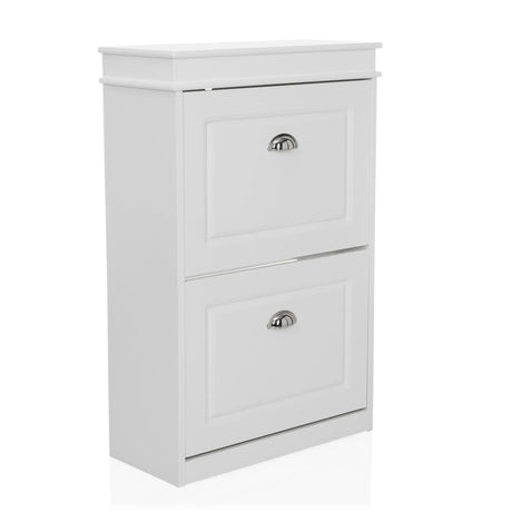 Armoire à chaussures ESTHA 2 blanche avec deux portes abattantes et des poignées coquilles argentées de hjh LIVING