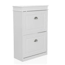 Armoire à chaussures ESTHA 2 blanche avec deux portes abattantes et des poignées coquilles argentées de hjh LIVING
