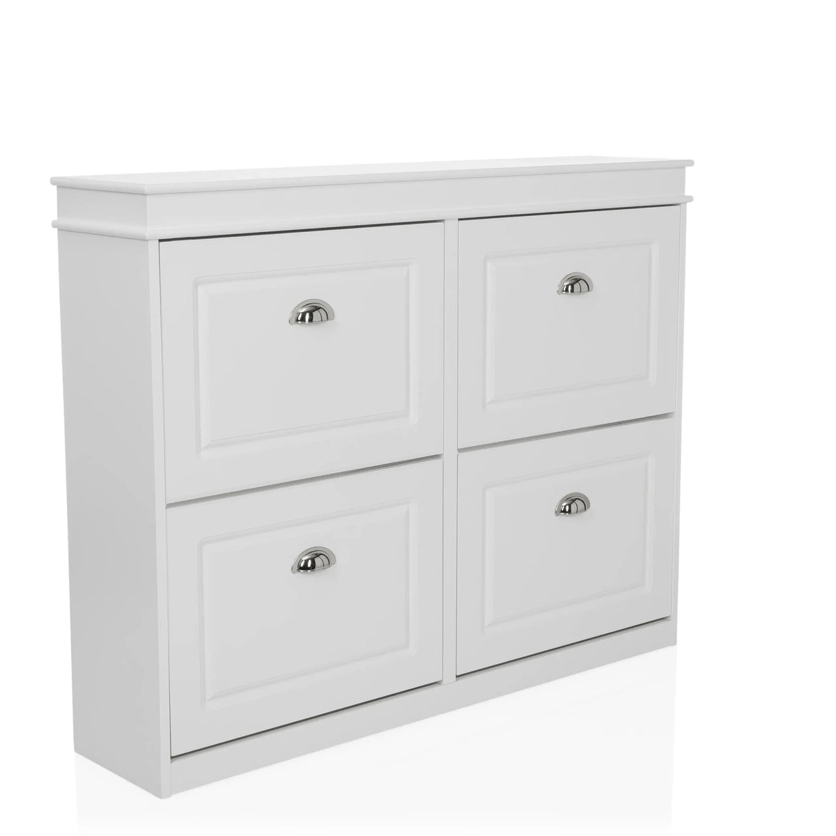 Armoire à chaussures blanche ESTHA 4 avec quatre compartiments abattants et poignées argentées de hjh LIVING