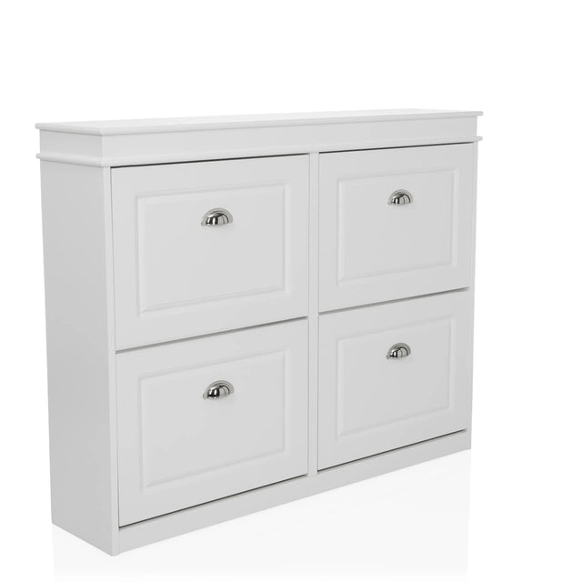 Armoire à chaussures blanche ESTHA 4 avec quatre compartiments abattants et poignées argentées de hjh LIVING