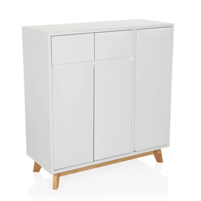 Commode blanche ESTHA avec deux tiroirs, trois portes et pieds en bois clair de hjh LIVING