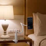 Support de téléphone portable & tablette FLEXMOBI I blanc avec bras col-de-cygne flexible sur une table de chevet de hjh OFFICE