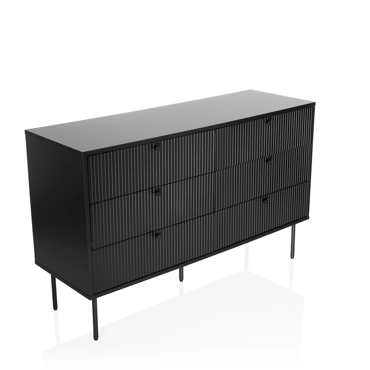 Buffet noir KARBY S avec façades à rainures verticales et six poignées bouton de hjh LIVING – vue à 360° (vue de trois quarts avant 30°)