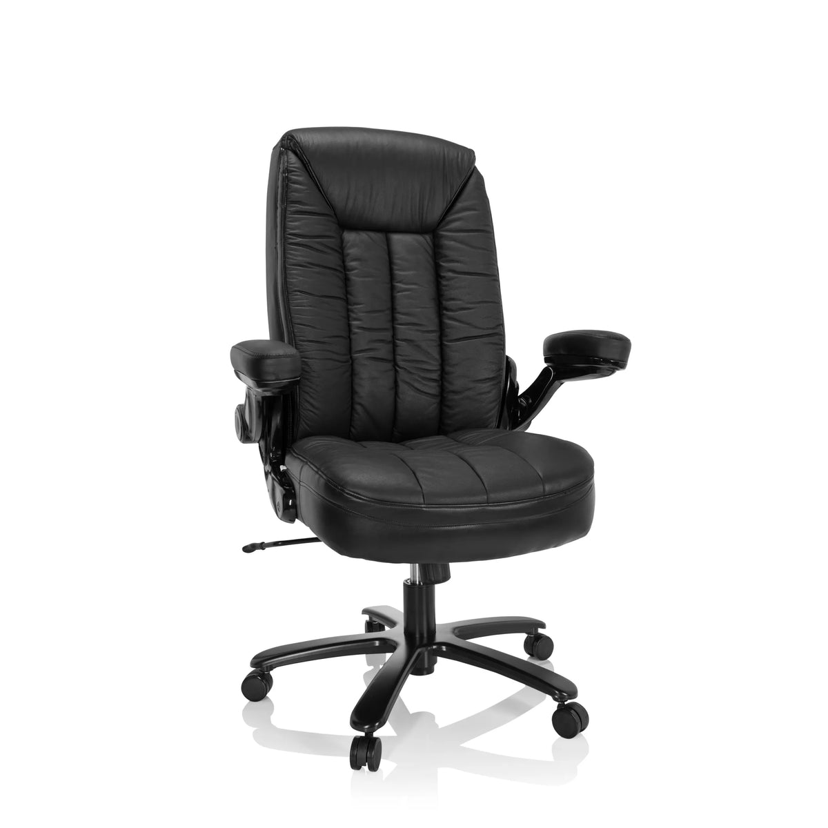 Siège pivotant XXL INSTRUCTOR III noir en cuir avec pied en étoile et cinq roulettes de hjh OFFICE – vue à 360° (vue de face 20°)
