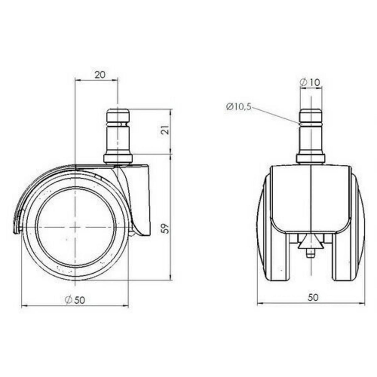 Dessin technique des Roulettes 5x ROLO LUX 10mm/50mm d'un diamètre de 50 mm de hjh OFFICE